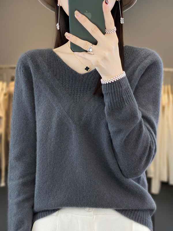 Új elegáns női, V-nyakú, üreges pulóver pulóver őszi téli 100% merinó gyapjú laza kasmír kötött női ruházat grace felsők