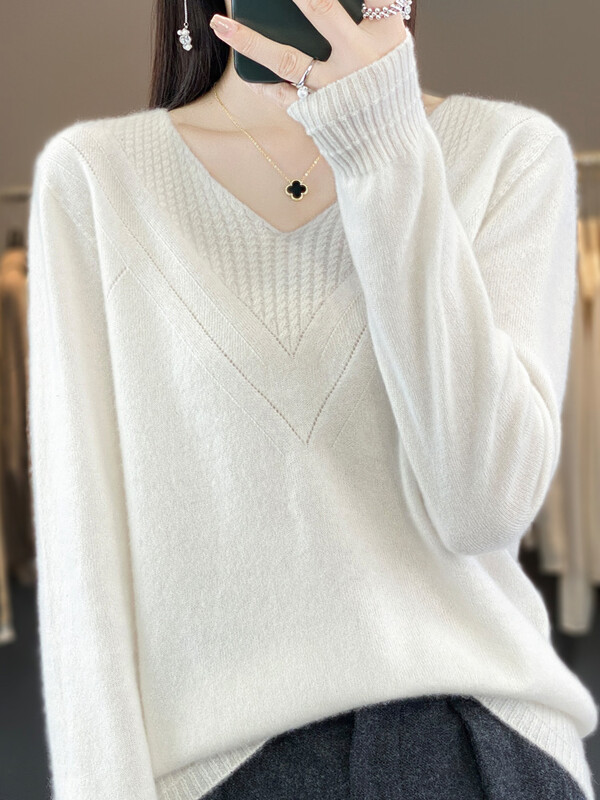Új elegáns női, V-nyakú, üreges pulóver pulóver őszi téli 100% merinó gyapjú laza kasmír kötött női ruházat grace felsők
