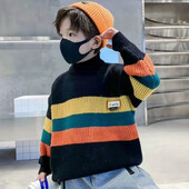 2023 Νέα Παιδικά Ρούχα Αγόρια Πλεκτά Φθινόπωρο Χειμώνας με μακρυμάνικο λαιμόκοψη, καθημερινή κορεάτικη ριγέ πουλόβερ με αντίθεση, πουλόβερ