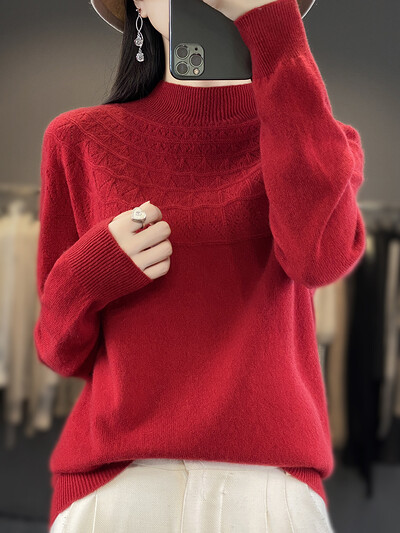 Ανοιξιάτικο φθινόπωρο Νέο γυναικείο πουλόβερ με λαιμόκοψη Βασικό πουλόβερ 100% μερίνο μαλλί κοίλο μασίφ κασμίρ Πλεκτό Γυναικείο πουκάμισο με πάτο
