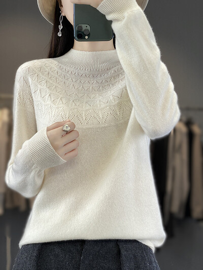 Ανοιξιάτικο φθινόπωρο Νέο γυναικείο πουλόβερ με λαιμόκοψη Βασικό πουλόβερ 100% μερίνο μαλλί κοίλο μασίφ κασμίρ Πλεκτό Γυναικείο πουκάμισο με πάτο