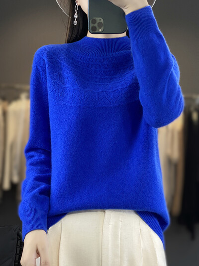 Ανοιξιάτικο φθινόπωρο Νέο γυναικείο πουλόβερ με λαιμόκοψη Βασικό πουλόβερ 100% μερίνο μαλλί κοίλο μασίφ κασμίρ Πλεκτό Γυναικείο πουκάμισο με πάτο