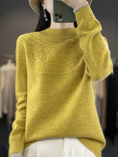 Ανοιξιάτικο φθινόπωρο Νέο γυναικείο πουλόβερ με λαιμόκοψη Βασικό πουλόβερ 100% μερίνο μαλλί κοίλο μασίφ κασμίρ Πλεκτό Γυναικείο πουκάμισο με πάτο