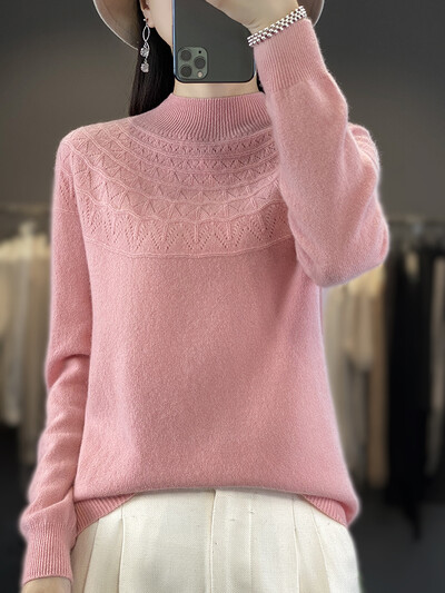 Ανοιξιάτικο φθινόπωρο Νέο γυναικείο πουλόβερ με λαιμόκοψη Βασικό πουλόβερ 100% μερίνο μαλλί κοίλο μασίφ κασμίρ Πλεκτό Γυναικείο πουκάμισο με πάτο