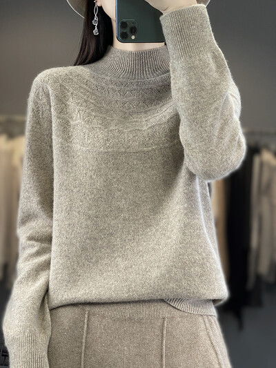 Ανοιξιάτικο φθινόπωρο Νέο γυναικείο πουλόβερ με λαιμόκοψη Βασικό πουλόβερ 100% μερίνο μαλλί κοίλο μασίφ κασμίρ Πλεκτό Γυναικείο πουκάμισο με πάτο