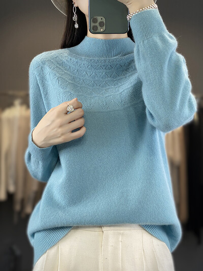 Ανοιξιάτικο φθινόπωρο Νέο γυναικείο πουλόβερ με λαιμόκοψη Βασικό πουλόβερ 100% μερίνο μαλλί κοίλο μασίφ κασμίρ Πλεκτό Γυναικείο πουκάμισο με πάτο