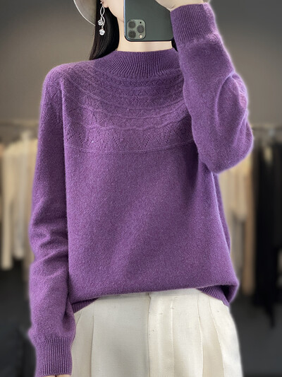 Ανοιξιάτικο φθινόπωρο Νέο γυναικείο πουλόβερ με λαιμόκοψη Βασικό πουλόβερ 100% μερίνο μαλλί κοίλο μασίφ κασμίρ Πλεκτό Γυναικείο πουκάμισο με πάτο