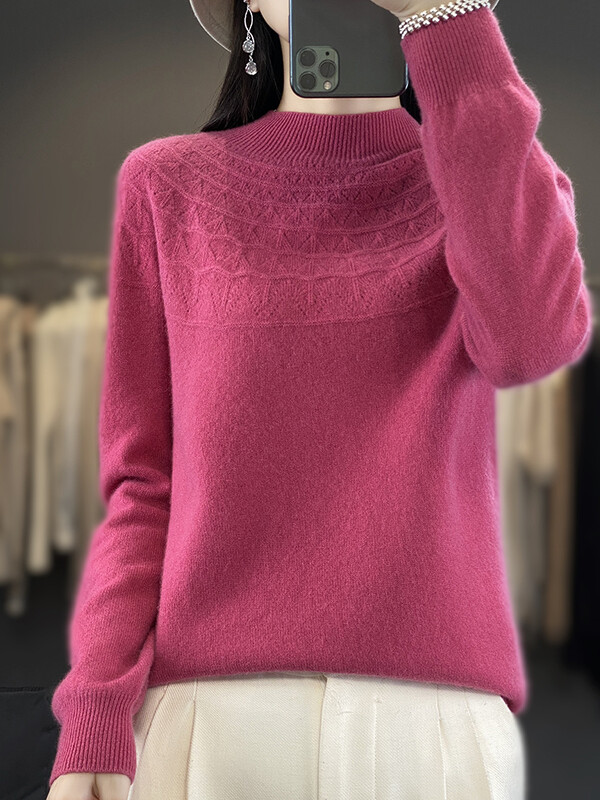Ανοιξιάτικο φθινόπωρο Νέο γυναικείο πουλόβερ με λαιμόκοψη Βασικό πουλόβερ 100% μερίνο μαλλί κοίλο μασίφ κασμίρ Πλεκτό Γυναικείο πουκάμισο με πάτο