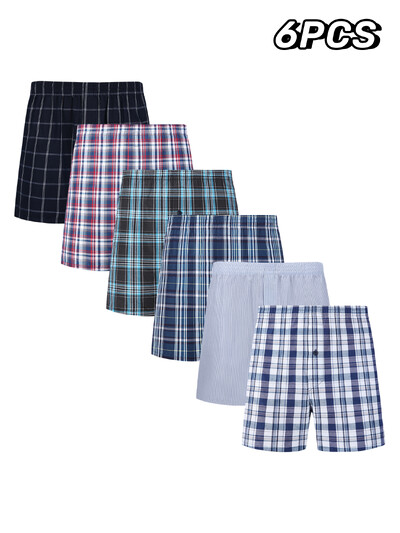 JupiterSecret 6 bucăți boxer pantaloni scurți casual carouri cu bandă elastică nasturi lenjerie de corp boxer pentru bărbați pantaloni scurți țesute pentru acasă, culoare aleatoare