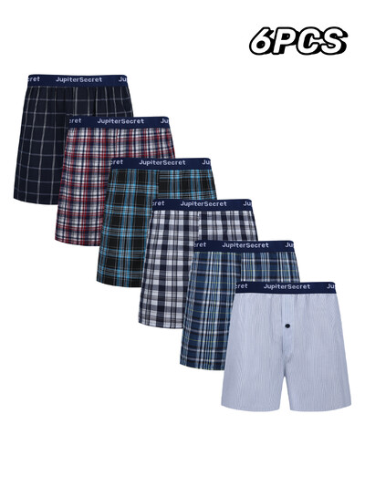 JupiterSecret 6 bucăți boxer pantaloni scurți casual carouri cu bandă elastică nasturi lenjerie de corp boxer pentru bărbați pantaloni scurți țesute pentru acasă, culoare aleatoare