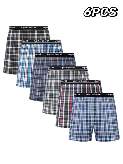 JupiterSecret 6 bucăți boxer pantaloni scurți casual carouri cu bandă elastică nasturi lenjerie de corp boxer pentru bărbați pantaloni scurți țesute pentru acasă, culoare aleatoare
