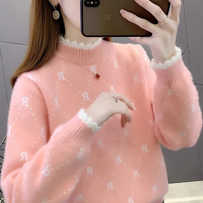 Sieviešu mētelis ar pusapkakli ūdeļu samta džemperis 2023. gada rudens ziema, jauna jaka, pulovers, īss, brīvs adīts sieviešu krekls