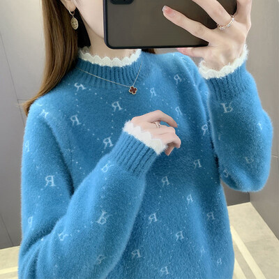 Sieviešu mētelis ar pusapkakli ūdeļu samta džemperis 2023. gada rudens ziema, jauna jaka, pulovers, īss, brīvs adīts sieviešu krekls