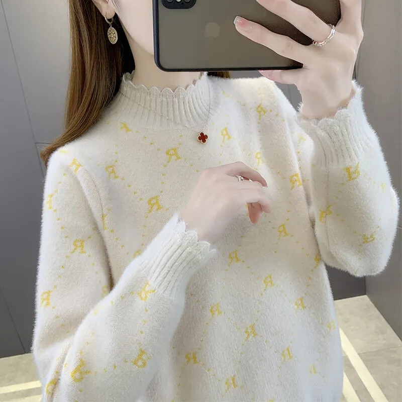 Sieviešu mētelis ar pusapkakli ūdeļu samta džemperis 2023. gada rudens ziema, jauna jaka, pulovers, īss, brīvs adīts sieviešu krekls