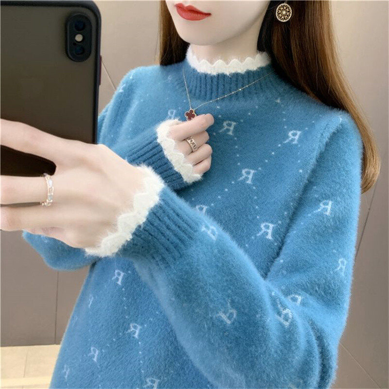 Sieviešu mētelis ar pusapkakli ūdeļu samta džemperis 2023. gada rudens ziema, jauna jaka, pulovers, īss, brīvs adīts sieviešu krekls