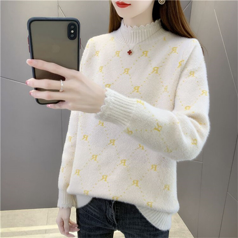 Sieviešu mētelis ar pusapkakli ūdeļu samta džemperis 2023. gada rudens ziema, jauna jaka, pulovers, īss, brīvs adīts sieviešu krekls