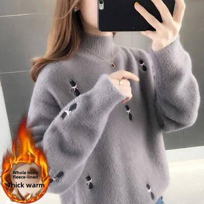2024 őszi/téli új női nerc pulóver, bő szabású belső teknős nyakú polár bélésű vastagított kötött alapréteg felső