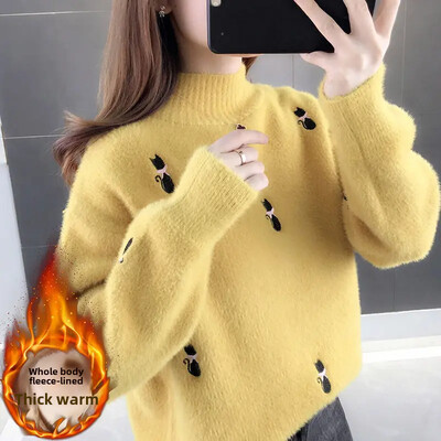 2024 őszi/téli új női nerc pulóver, bő szabású belső teknős nyakú polár bélésű vastagított kötött alapréteg felső