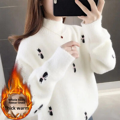 2024 őszi/téli új női nerc pulóver, bő szabású belső teknős nyakú polár bélésű vastagított kötött alapréteg felső