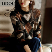 Toamnă Iarnă Gât rotund Prismatic Lattice Vintage Pulover Doamnelor Lejer Casual Pulover All-metch Pulovere Femei Top Top