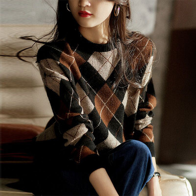 Toamnă Iarnă Gât rotund Prismatic Lattice Vintage Pulover Doamnelor Lejer Casual Pulover All-metch Pulovere Femei Top Top