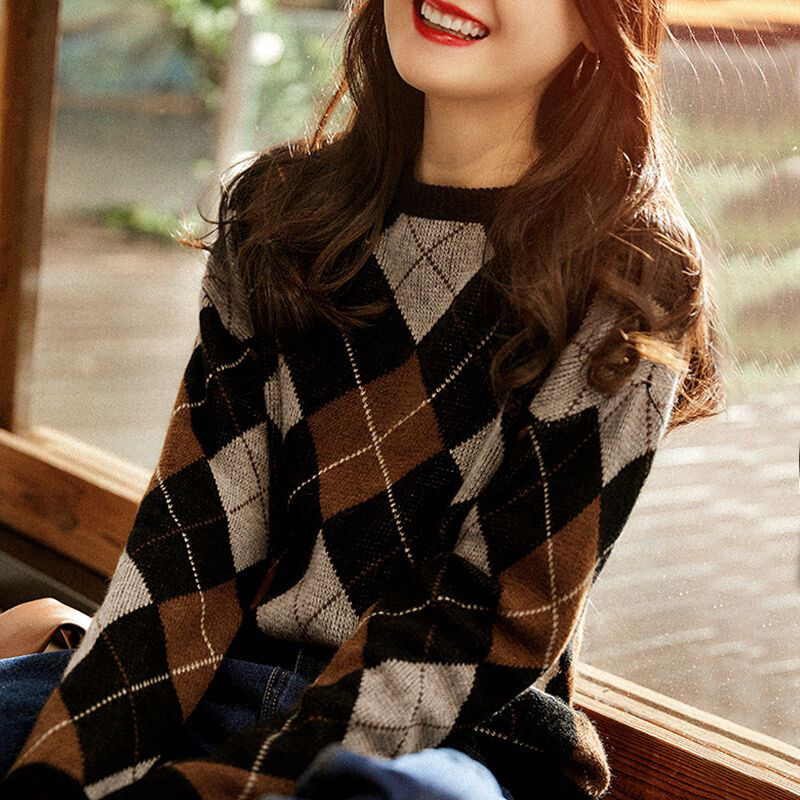 Toamnă Iarnă Gât rotund Prismatic Lattice Vintage Pulover Doamnelor Lejer Casual Pulover All-metch Pulovere Femei Top Top