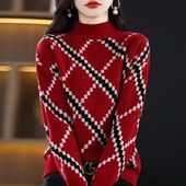 Pulovere de iarnă cu mâneci lungi în carouri din lână jacquard Pulovere noi tricotate cu gâtul în formă de dungi