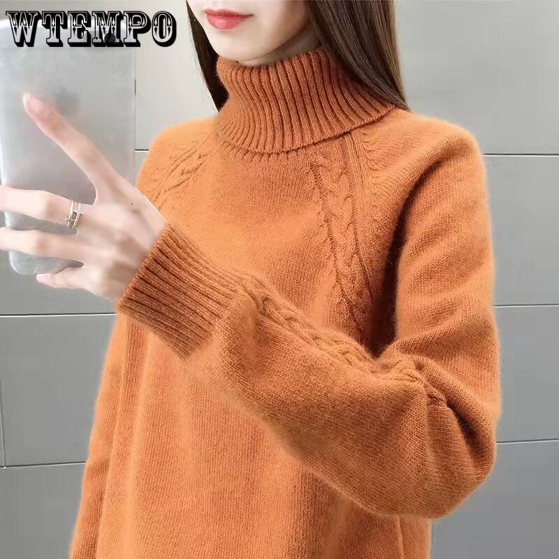 WTEMPO sieviešu džemperis ar apkakli ar garām piedurknēm Trikotāžas pulovers vienkrāsains korejiešu stila džemperi rudens ziemas trikotāžas tops