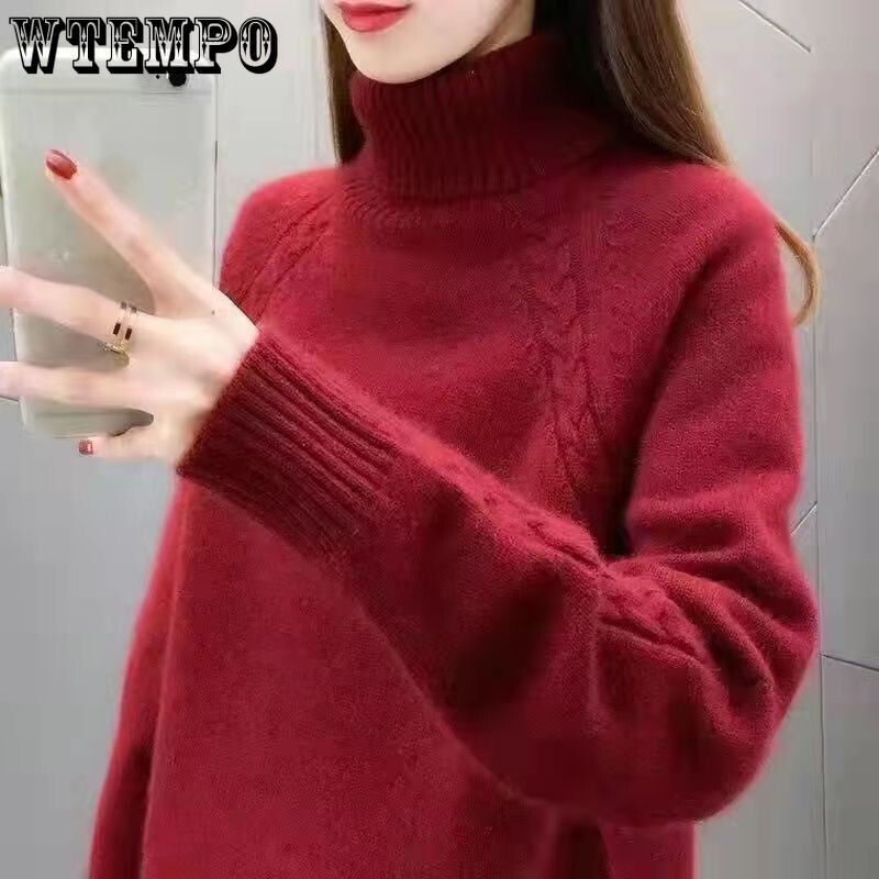 WTEMPO sieviešu džemperis ar apkakli ar garām piedurknēm Trikotāžas pulovers vienkrāsains korejiešu stila džemperi rudens ziemas trikotāžas tops
