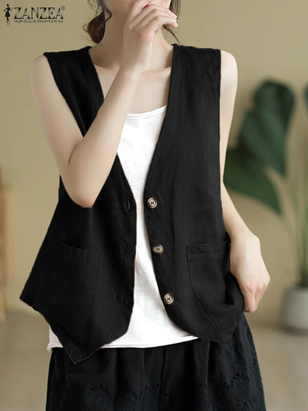 ZANZEA Îmbrăcăminte de lucru pentru femei 2024 veste de birou pentru doamnă la modă elegantă pentru navetă vestă Topuri cu decolteu în V de culoare solidă jachete casual fără mâneci