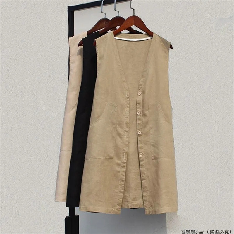 Divatos pamut vászon mellény nyári női mellény középhosszú V nyakú vékony kabát khaki fekete egysoros mellény női kabát
