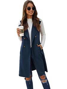 SCY Jachetă lungă pentru femei, cu două piept, vestă lungă, fără mâneci, îmbrăcăminte exterioară cu paragate