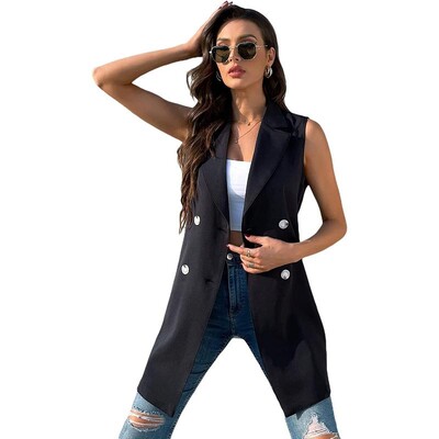 SCY Jachetă lungă pentru femei, cu două piept, vestă lungă, fără mâneci, îmbrăcăminte exterioară cu paragate