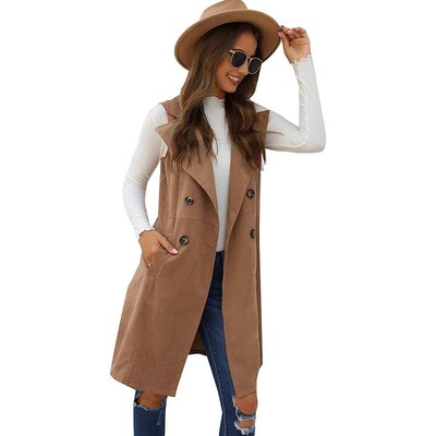 SCY Jachetă lungă pentru femei, cu două piept, vestă lungă, fără mâneci, îmbrăcăminte exterioară cu paragate