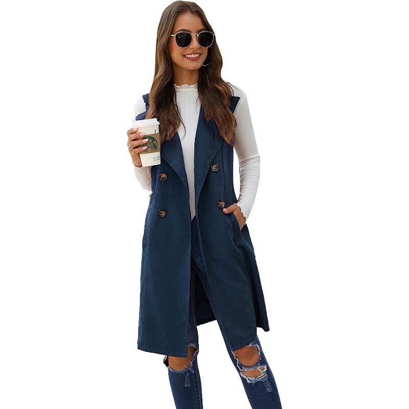 SCY Jachetă lungă pentru femei, cu două piept, vestă lungă, fără mâneci, îmbrăcăminte exterioară cu paragate