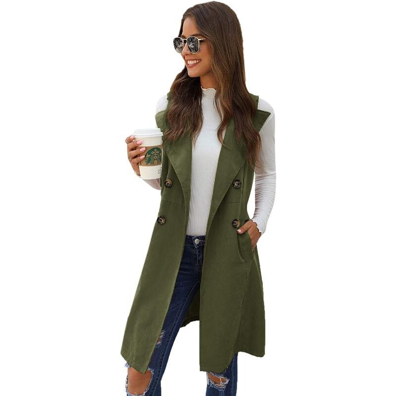 SCY Jachetă lungă pentru femei, cu două piept, vestă lungă, fără mâneci, îmbrăcăminte exterioară cu paragate