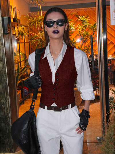 Női öltöny mellény Barna V nyakú Esztétikus mellények Elegáns OL Mellény Halszálkás Tweed Női Bordó Esküvői Mellény 2022