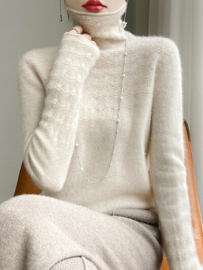 Tavasz ősz tél női mez üreges pulóver új divat 100% merinó gyapjú traf felsők pulóver garbó hosszú ujjú kötöttáru