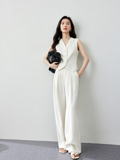 VIMLY Sacouri de vară pentru femei, solide și dungi, costume noi, fără mâneci, elegante, decupate, vestă + pantaloni cu picioare largi Set 2 piese M7357