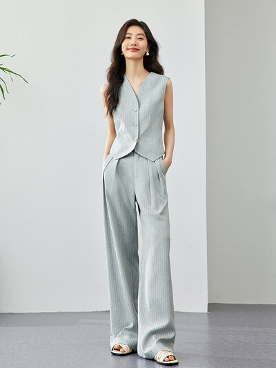 VIMLY Sacouri de vară pentru femei, solide și dungi, costume noi, fără mâneci, elegante, decupate, vestă + pantaloni cu picioare largi Set 2 piese M7357