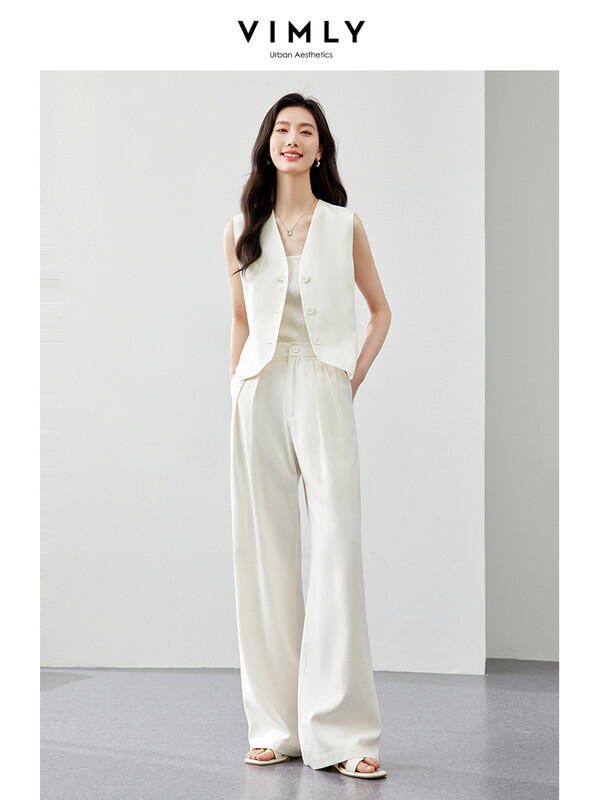 VIMLY Sacouri de vară pentru femei, solide și dungi, costume noi, fără mâneci, elegante, decupate, vestă + pantaloni cu picioare largi Set 2 piese M7357