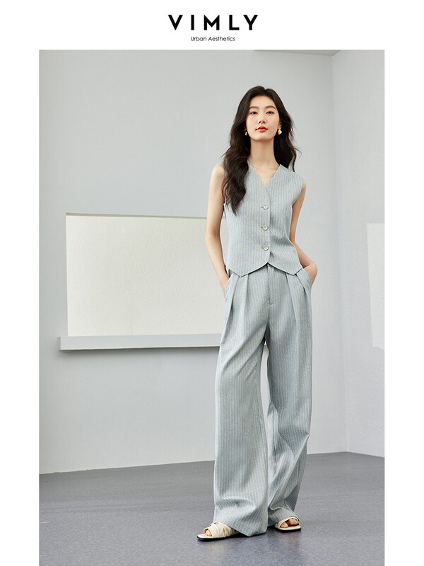 VIMLY Sacouri de vară pentru femei, solide și dungi, costume noi, fără mâneci, elegante, decupate, vestă + pantaloni cu picioare largi Set 2 piese M7357