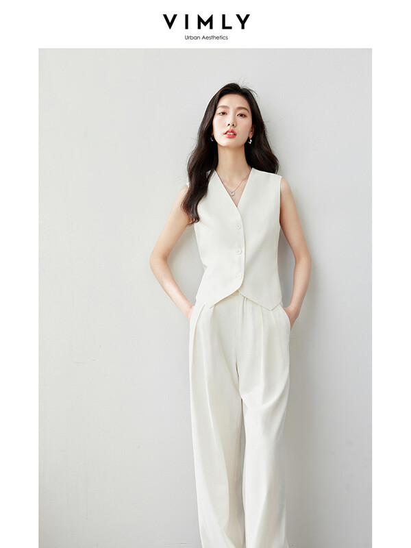 VIMLY Sacouri de vară pentru femei, solide și dungi, costume noi, fără mâneci, elegante, decupate, vestă + pantaloni cu picioare largi Set 2 piese M7357