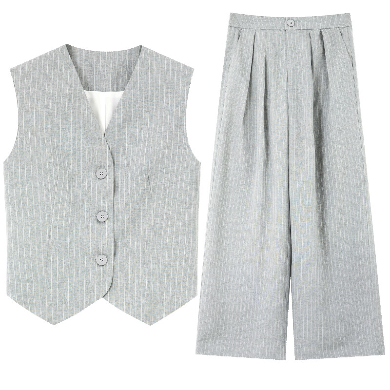 VIMLY Sacouri de vară pentru femei, solide și dungi, costume noi, fără mâneci, elegante, decupate, vestă + pantaloni cu picioare largi Set 2 piese M7357