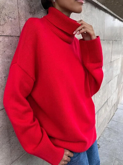 Modes sieviešu bruņurupuča rudens ziemas jauns trikotāžas džemperis Lielizmēra džemperis brīvs ikdienišķs vienkrāsains zils zaļš džemperis sieviete