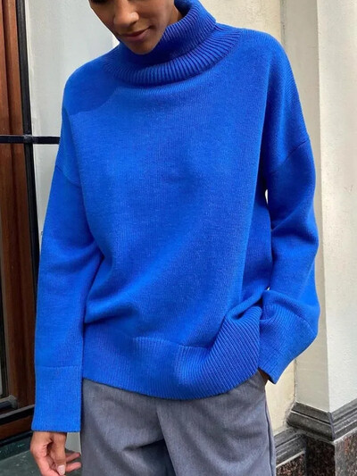 Modes sieviešu bruņurupuča rudens ziemas jauns trikotāžas džemperis Lielizmēra džemperis brīvs ikdienišķs vienkrāsains zils zaļš džemperis sieviete