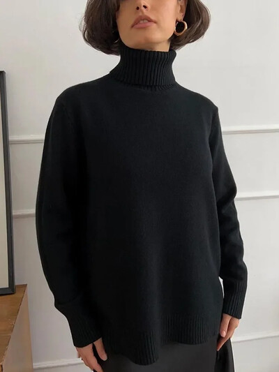 Modes sieviešu bruņurupuča rudens ziemas jauns trikotāžas džemperis Lielizmēra džemperis brīvs ikdienišķs vienkrāsains zils zaļš džemperis sieviete