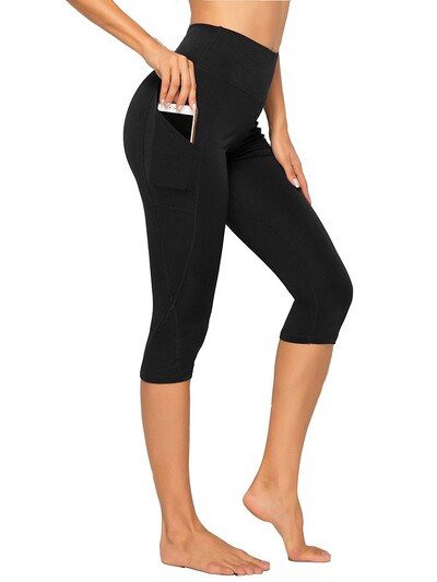 Pantaloni sport 3/4, pantaloni capris cu buzunare pentru femei, jambiere pentru femei, pentru fitness, pentru gimnastică, cu talie înaltă, jambiere decupate negre, vara nou
