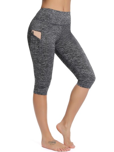 Pantaloni sport 3/4, pantaloni capris cu buzunare pentru femei, jambiere pentru femei, pentru fitness, pentru gimnastică, cu talie înaltă, jambiere decupate negre, vara nou