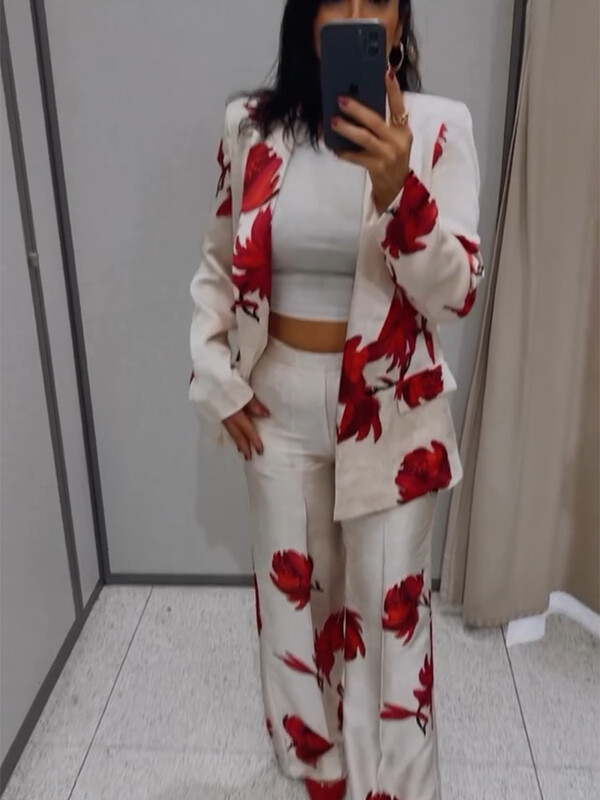 ZHUISHU Pantaloni din satin cu imprimeu floral elegant, de epocă